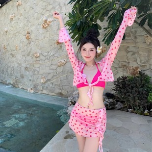 Ocean 甜美玫红色泰国度假纯欲辣妹四件套比基尼Over 酒醺野莓