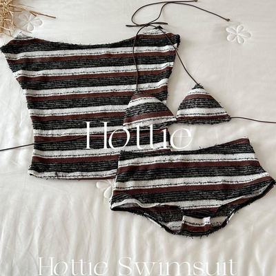 泰国复古条纹显瘦度假风泳衣