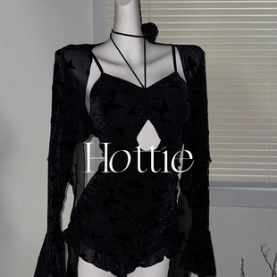 黑色爆闪性感保守连体遮肚泳衣两件套带外搭遮肉显瘦温泉度假泳衣