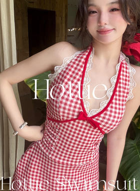 【草莓少女】红色格子元气多巴胺显瘦连泳衣挂脖夏日海边小裙子