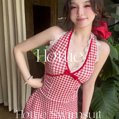 草莓少女红色格子分体泳衣