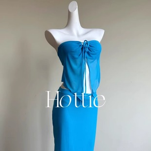 泰国显白度假蓝色长裙bikini三件套抹胸性感纯欲沙滩分体辣妹泳衣