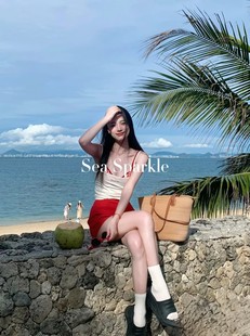 美式 sparkle 甜心ins海岛度假红色显白比基尼四件套度假温泉 sea