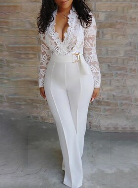 Plunge Lace Bodice Insert Jumpsuit长袖蕾丝白色连体裤女