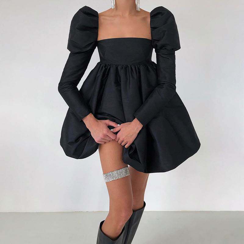 法式大黑色蓬蓬裙女ins网红同款气质收腰泡泡袖小短裙Sexy dress