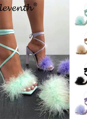 High Heels Sandals woman shoes女士毛毛交叉绑带露趾细高跟凉鞋