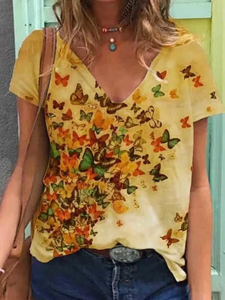 欧美风外贸亚马逊速卖通新款外贸女装V领上衣复古蝴蝶印花短袖T恤