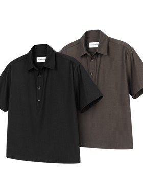 DESERTO 丝光羊毛混纺条纹丝滑天然牛角扣半门襟POLO休闲短袖衬衫