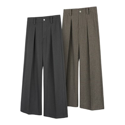 DESERTO 羊毛混纺条纹千鸟格A字分褶休闲阔腿垂感宽松西裤长裤男