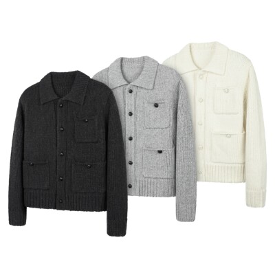 DESERTO 羊毛混纺粗棒针1000G小香风编织毛衣真皮编织扣翻领外套