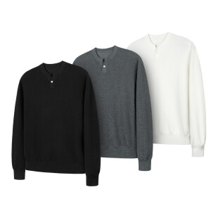 DESERTO 全棉长绒棉老钱风华夫格单扣小V领长袖亨利领针织毛衣男