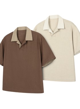 DESERTO 70亚麻混纺奢品棉麻撞色POLO领休闲透气老钱风短袖衬衫男