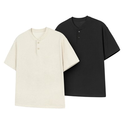 DESERTO 亚麻棉麻混纺老钱风Boxy火烧果实扣亨利领休闲短袖T恤男