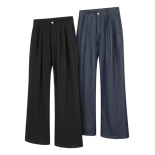 DESERTO 天丝混纺14盎司A字双褶弹力固色不掉色黑牛原牛牛仔裤男