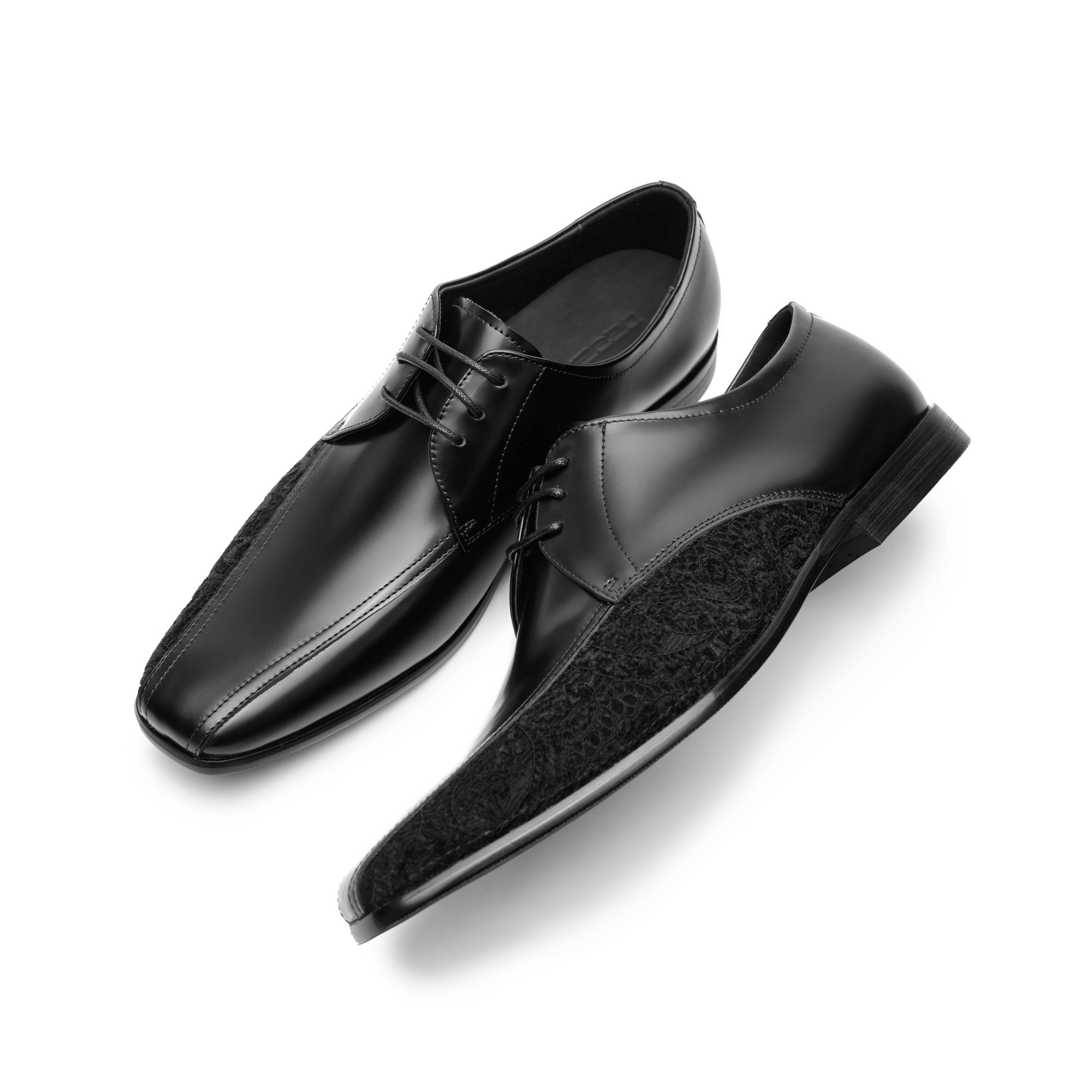 DESERTO 头层牛皮方尖头丝绒提花拼接微翘头优雅薄底德比皮鞋男