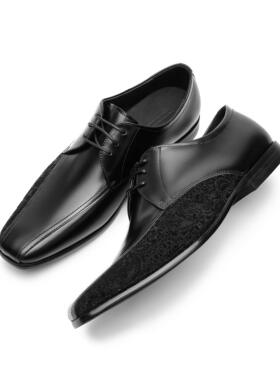 DESERTO 头层牛皮方尖头丝绒提花拼接微翘头优雅薄底德比皮鞋男