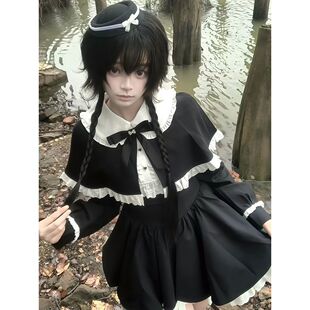 墨梦洛阁 日系哥特暗黑系甜美蝴蝶结连衣裙+斗篷两件套女冬季新款