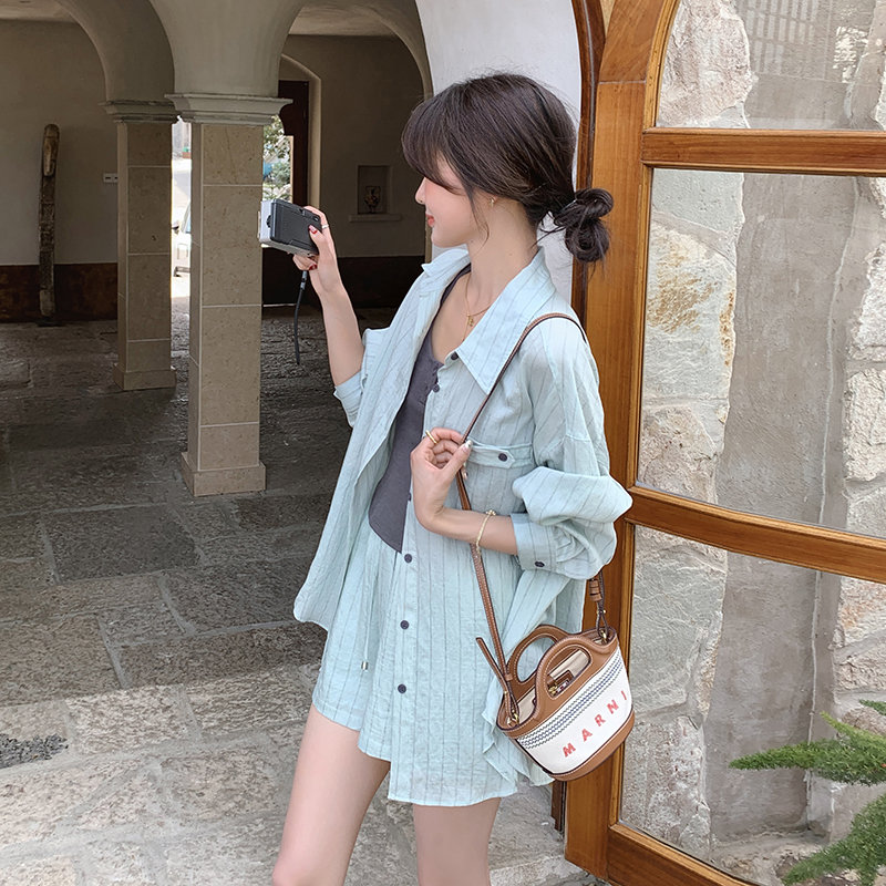 时尚套装24夏季女新款韩版宽松学院风条纹Polo领上衣阔腿裤两件套