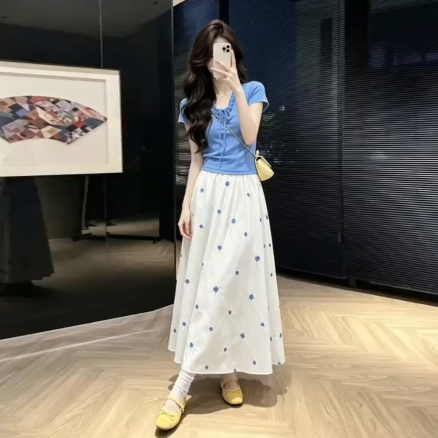 蓝色上衣短袖半身裙子两件套装女夏2026超火小个子韩系一整套长裙