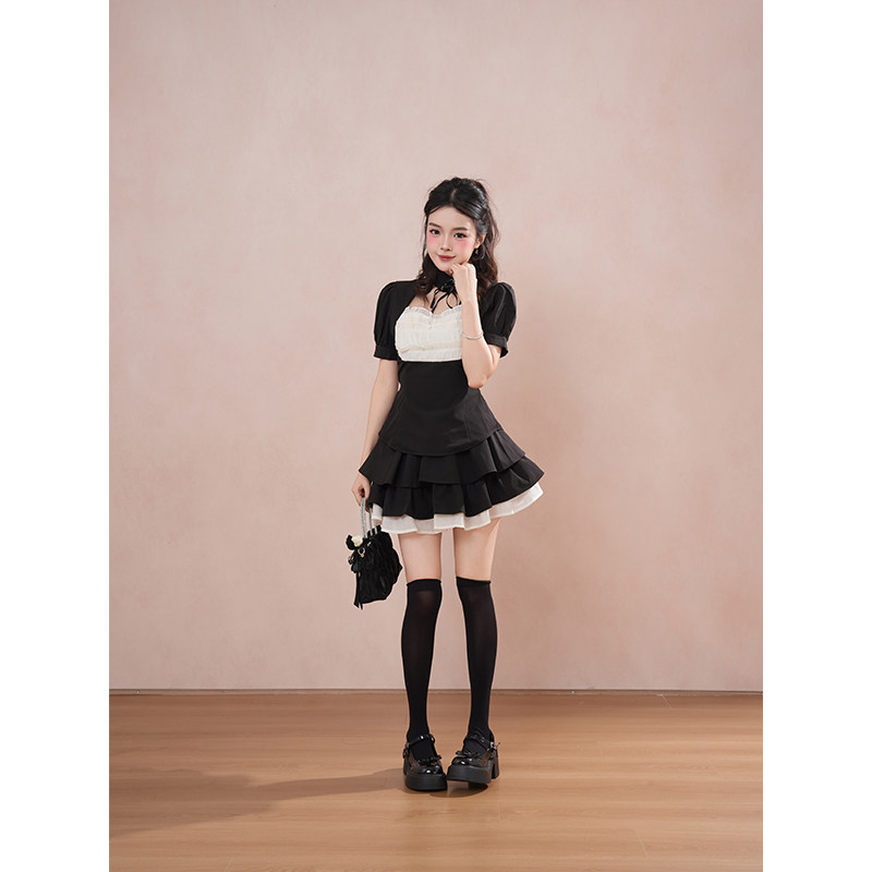 【禁忌之恋】亚文化暗黑少女方领褶皱上衣+双层荷叶边蛋糕短裙女