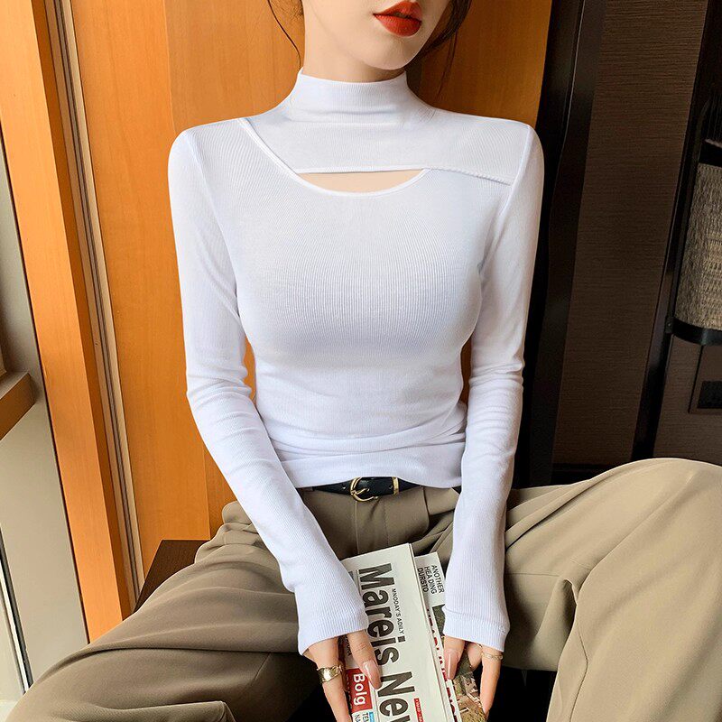 镂空半高领打底衫女春秋