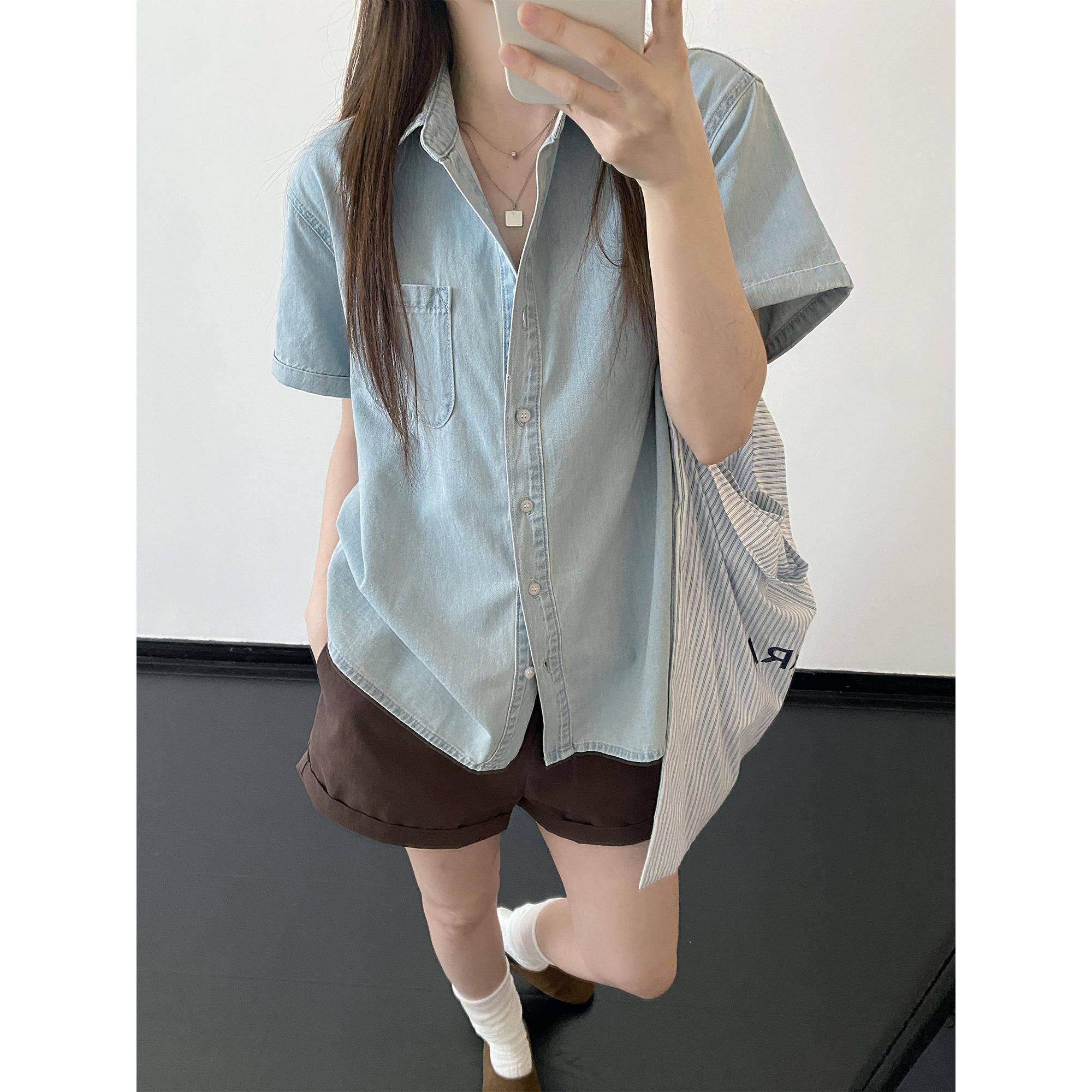 复古港味牛仔衬衫女薄款夏季宽松设计感小众上衣Polo领短袖衬衣潮