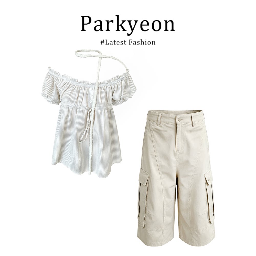 parkyeon条纹一字肩泡泡袖衬衫女夏季显瘦小个子设计感七分裤套装
