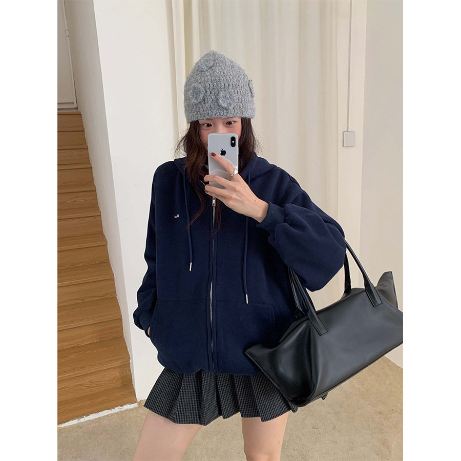 简约大版刺绣长袖连帽卫衣女秋冬减龄宽松帽衫外套上衣541066