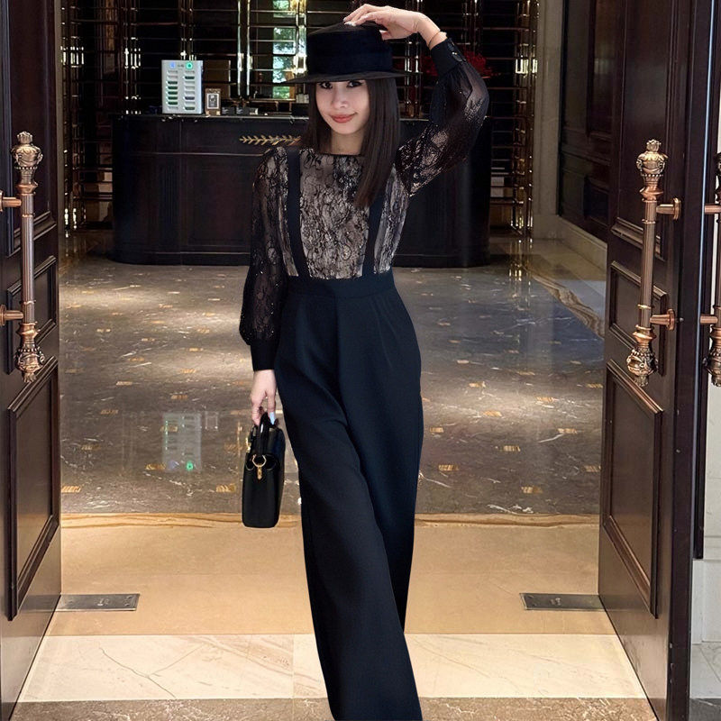 2026春季新款女连体衣小众设计时尚气质蕾丝拼接高腰连体裤D3481