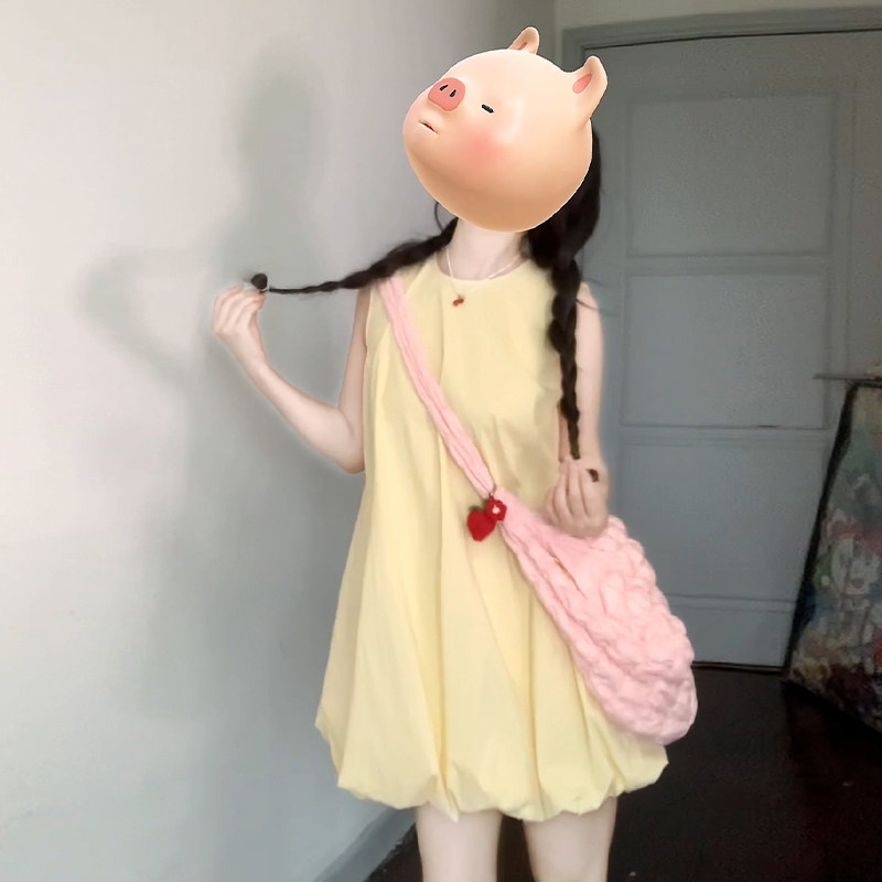 法式无袖吊带黄色花苞蓬蓬连衣裙女夏季2026年新款小个子背心短裙
