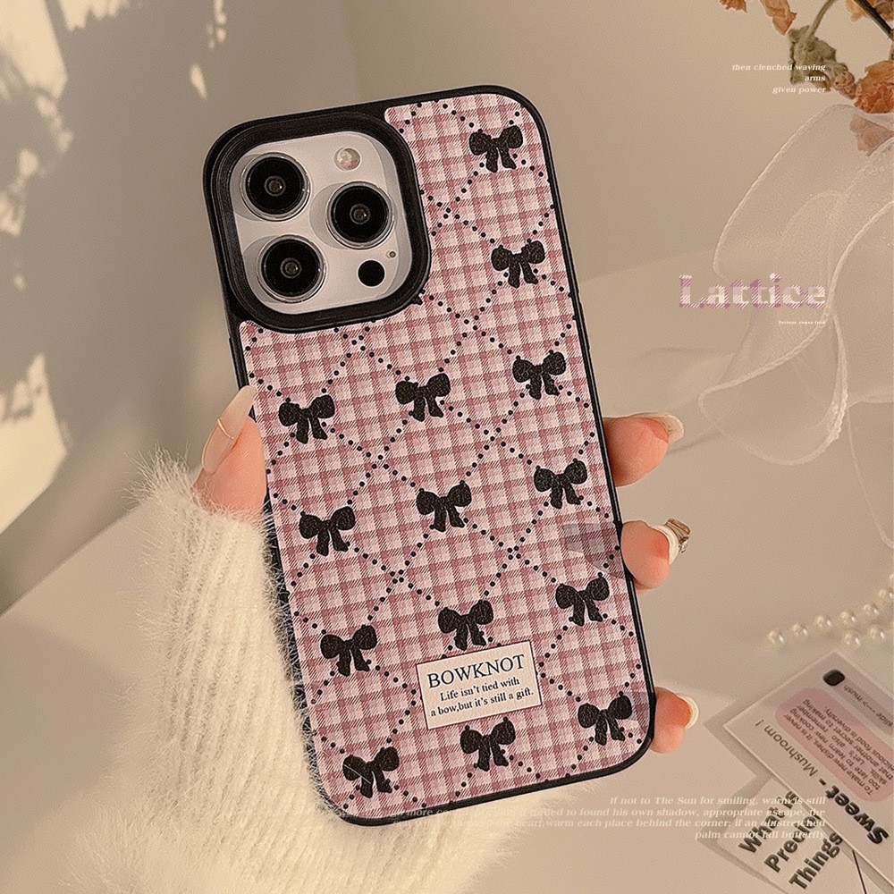 韩系蝴蝶结格纹手机壳16苹果14promax甜美11适用iPhone15皮质13冬