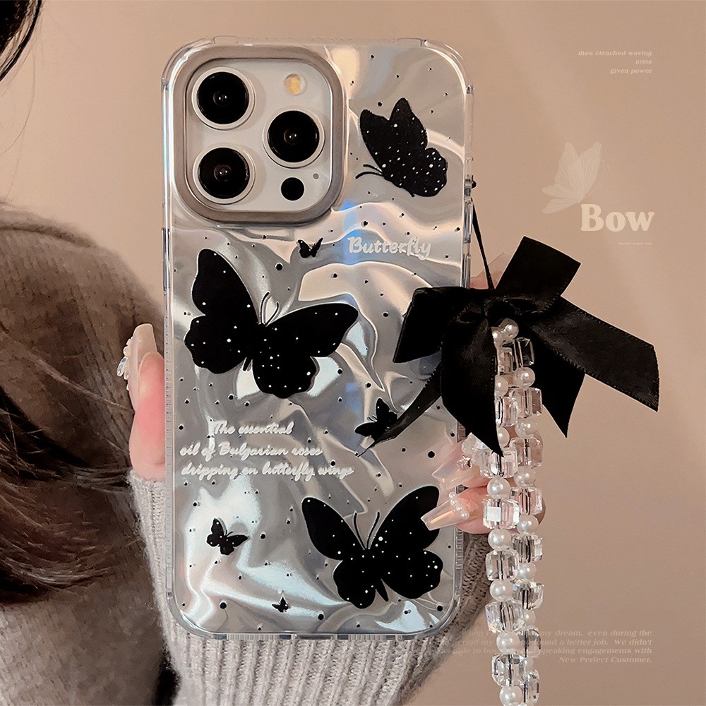 水波纹黑色蝴蝶14ProMax苹果16手机壳iPhone15适用12链条13冷淡风15ProMax蝴蝶纹12ProMax黑底13ProMax全包