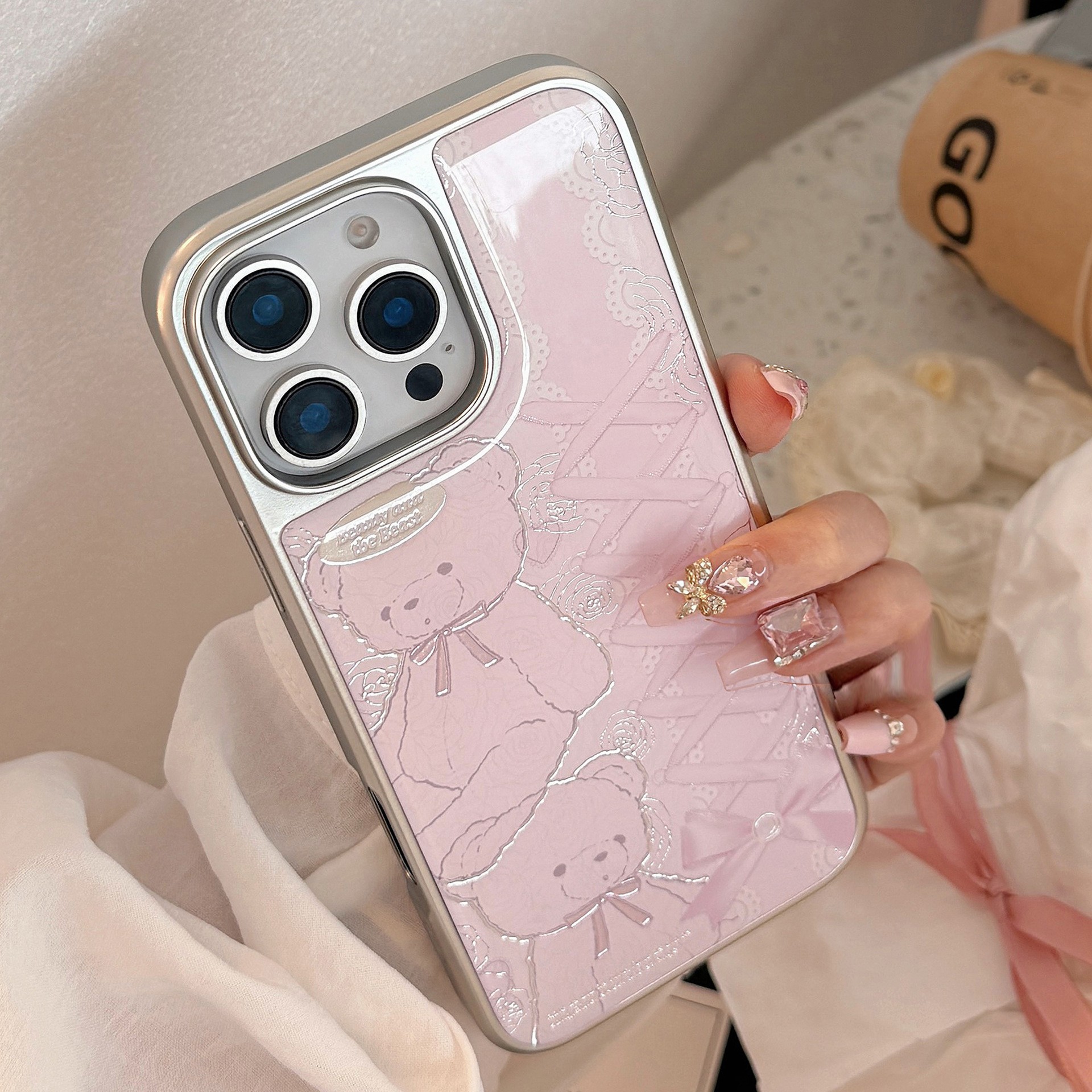 鎏金蕾丝熊苹果16promax手机壳iphone滴胶15电镀甜美14适用13华为
