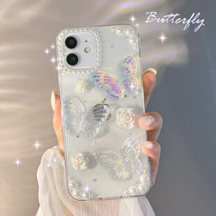 法式复古立体蝴蝶iPhone14手机壳13苹果16ProMax滴胶11闪粉15适用适用于苹果15promax好看的网红手机套12