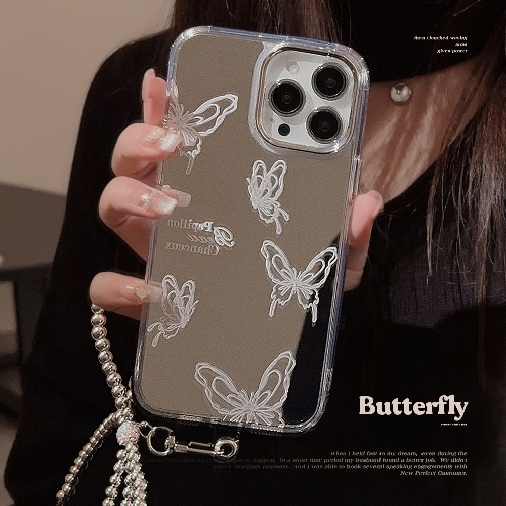 镜面适用苹果15pro手机壳max高级感蝴蝶iphone16气质13防摔11挂链