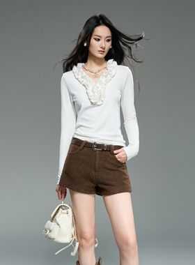 Tuwhy“温柔简讯”秋冬加绒长袖荷叶堆褶 V领打底