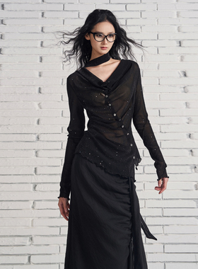 Tu why 原创设计“月光奢影” 不规则针织上衣女网纱半裙荡领春夏