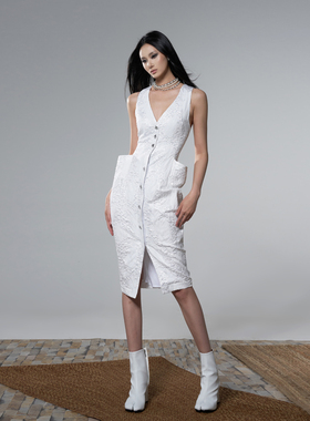 Tu why 原创小众设计连衣裙2023新款女马甲提花插袋白色裙子廓形