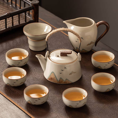 瓷牌茗茶具汝窑远山茶具套装家用茶盘轻奢功夫茶杯中式陶瓷提梁茶