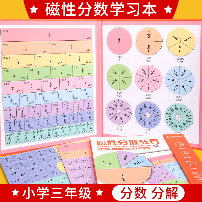 磁性分数学习盘三年级数学教具磁吸小学四年级五六年级磁力分数盘全套加减法运算学习演示器分数的初步认识