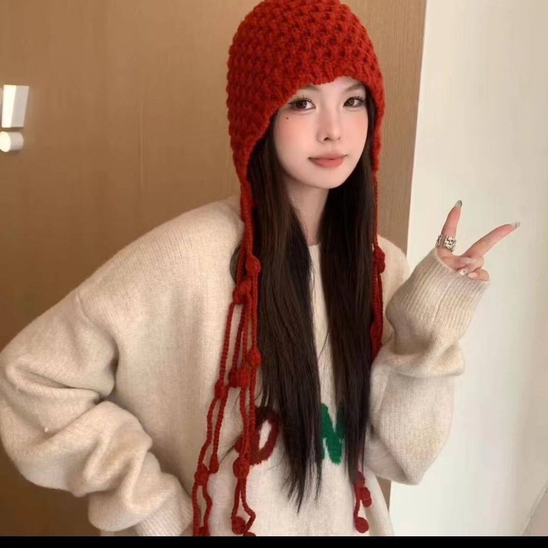 韩系流苏毛线帽女秋冬天雷锋帽子帽子