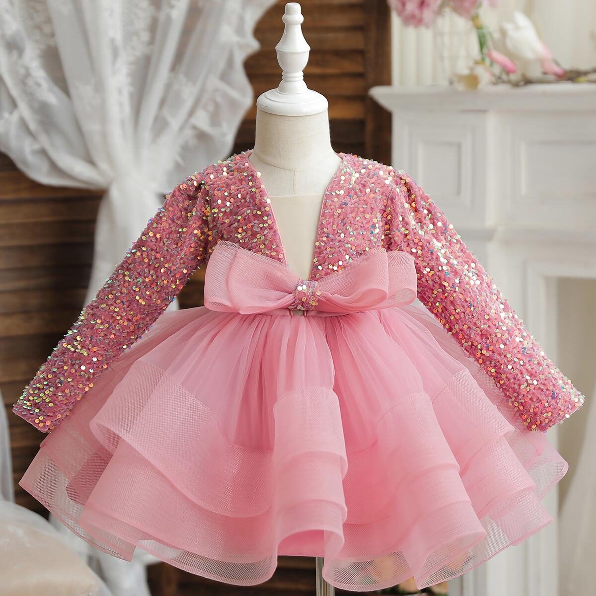 儿童红色礼服蓬蓬纱公主裙亮片宝宝周岁生日连衣裙女童裙子演出服