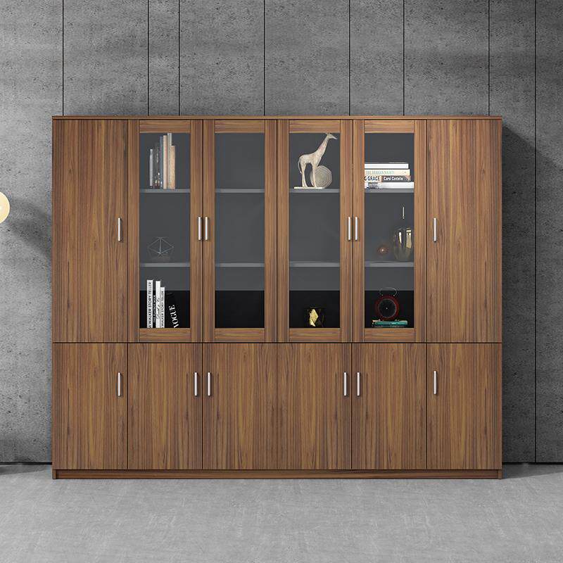 办公室三门文件柜木质书柜板式背景柜带锁玻璃储物抽屉档案资料柜