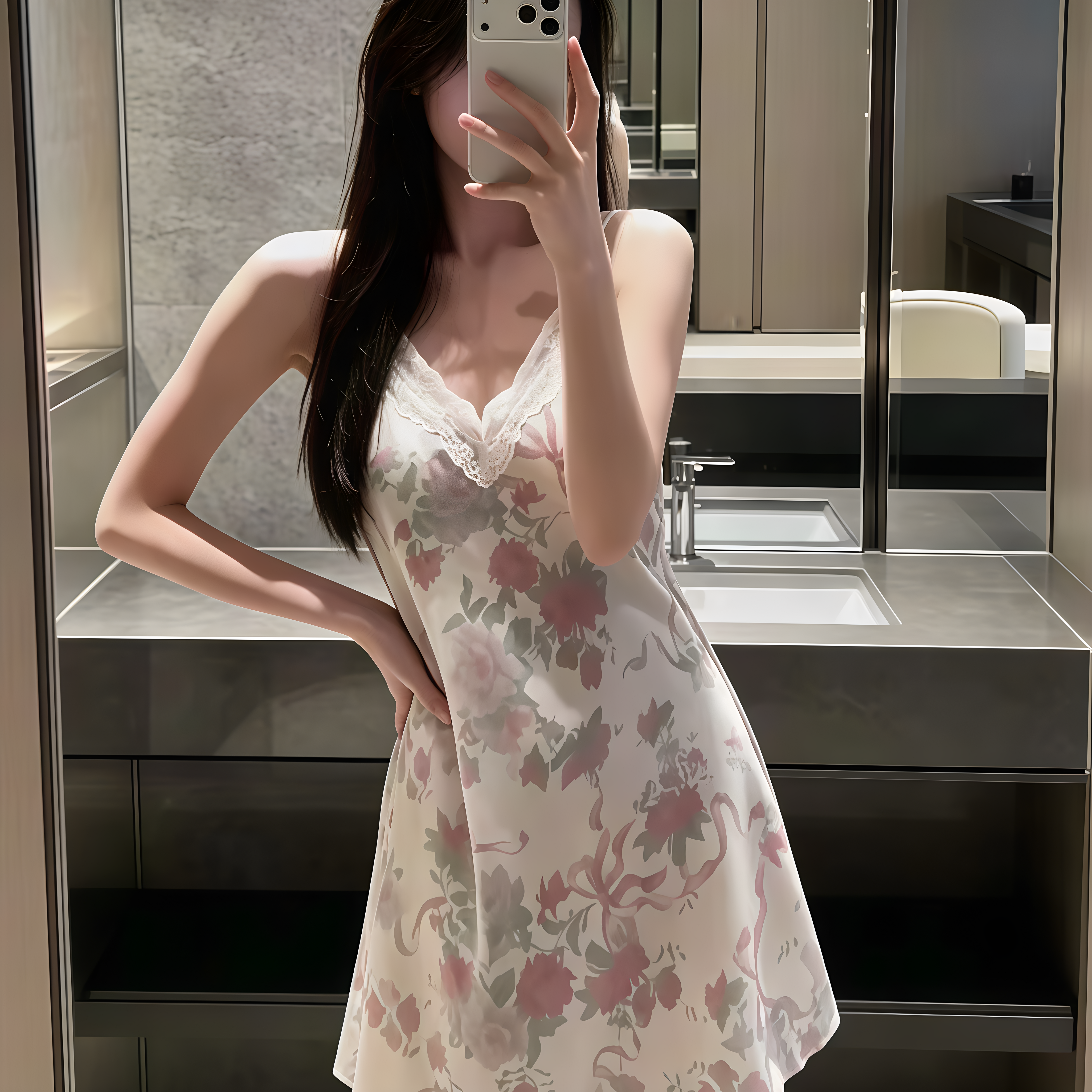 真丝花卉蕾丝带胸垫吊带睡裙套装