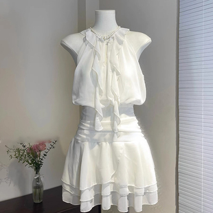 甜美减龄挂脖抽褶白色连衣裙收腰显瘦高级感雪纺短裙子2025夏 新款