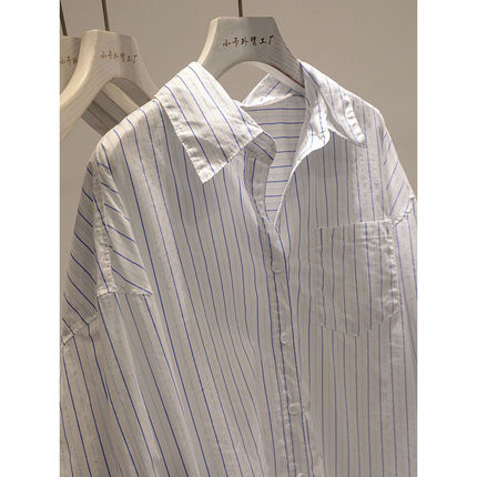 2025 Spring and Autumn New Style Pure Cotton Embroidered Floral Striped Long-Sleeve Shirt for Women, Commuting Versatile Loose Mid-Length Top Blouse