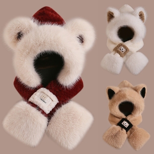 下雪戴的帽子可爱小熊帽子围巾一体女新款秋冬季加绒围脖防寒保暖