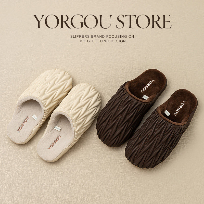 褶皱棉拖鞋女2024新款秋冬季室内居家居保暖冬天防水皮加绒加厚男