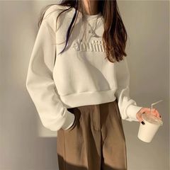 官网正品潮牌立体字母无帽女士正肩卫衣秋冬加绒加厚垂坠感短款不