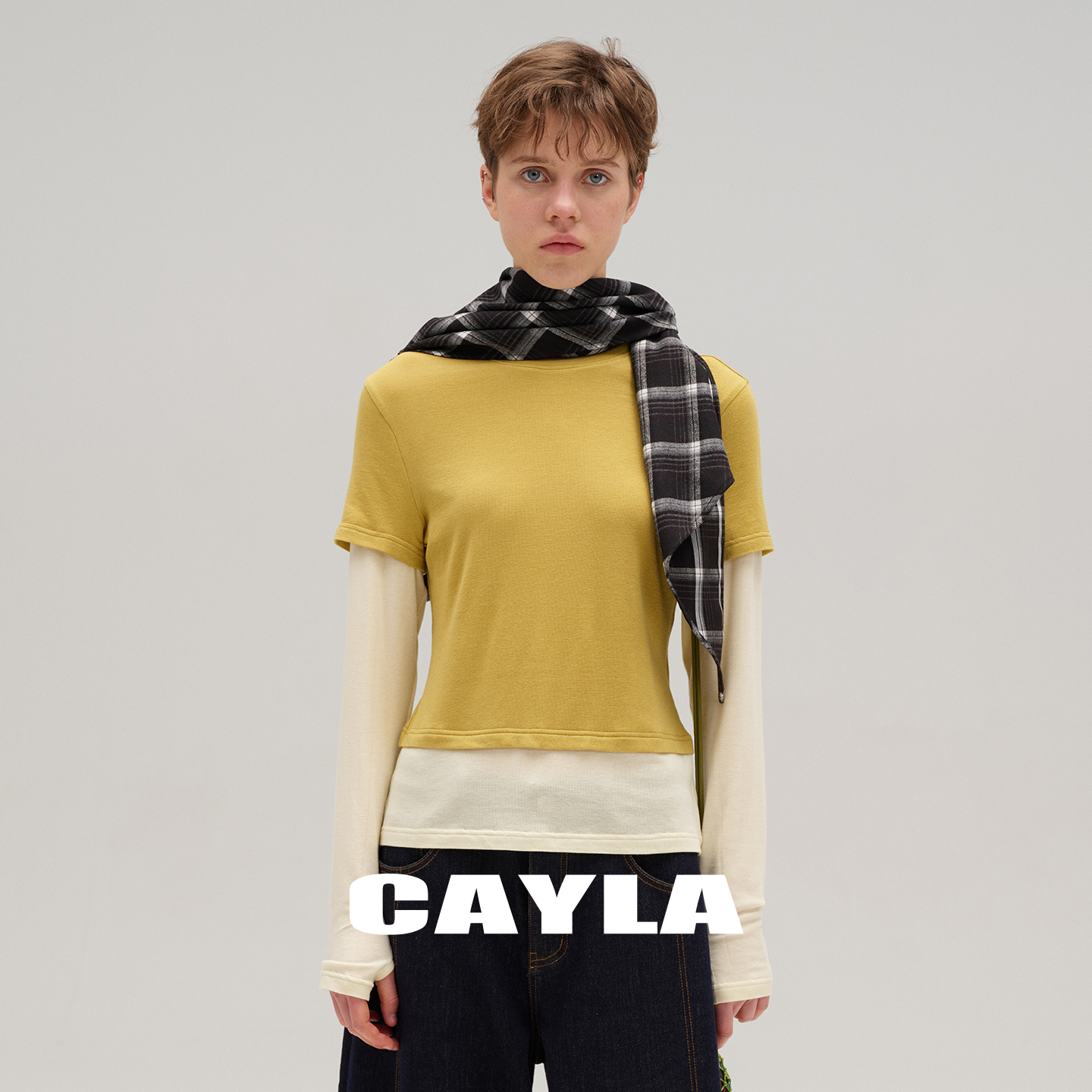 CAYLA天丝山羊绒假两件打底衫